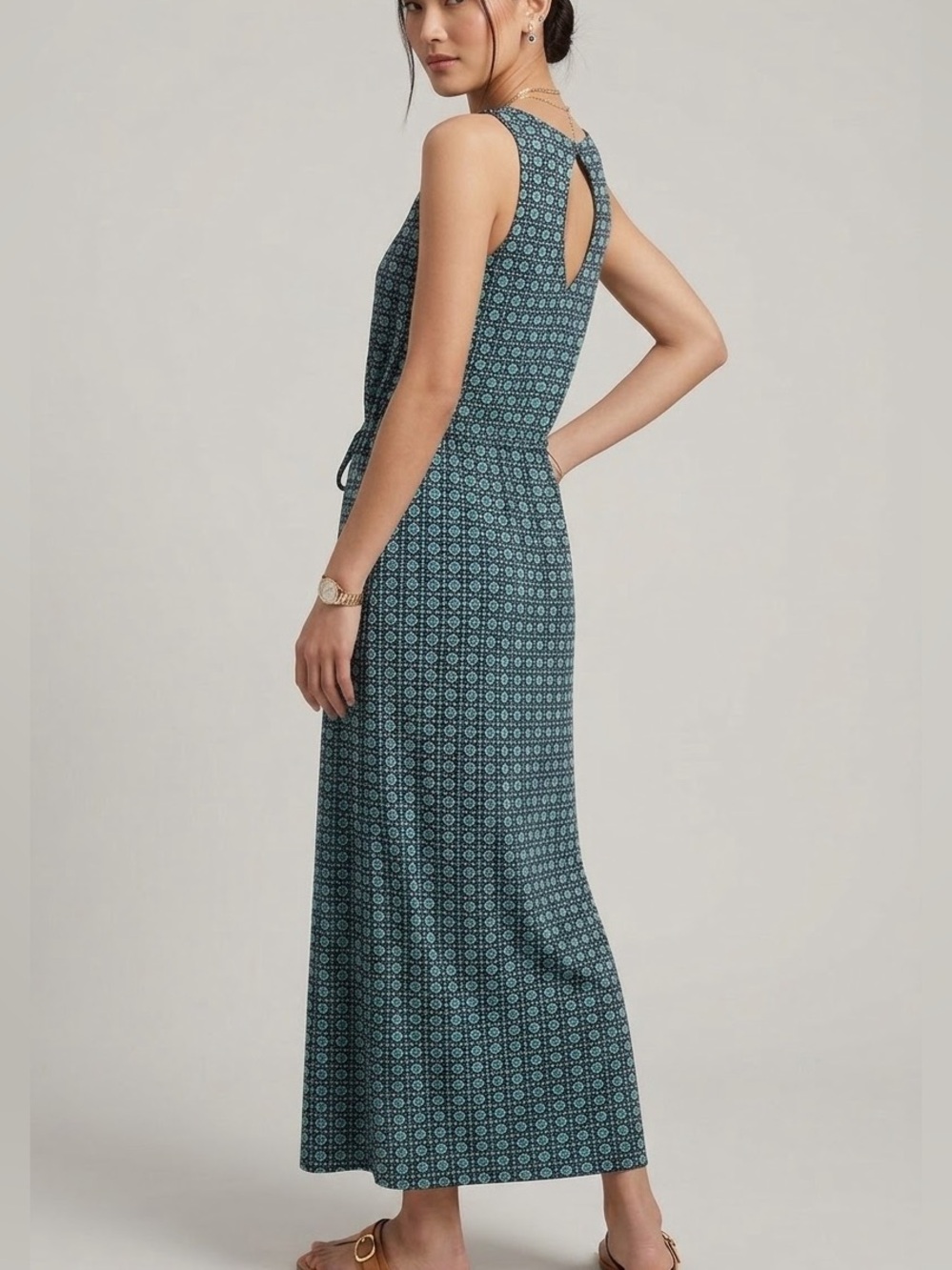Banana Republic Teal Navy Geometric Lattice Keyhole Sleeveless Maxi Dress Small
